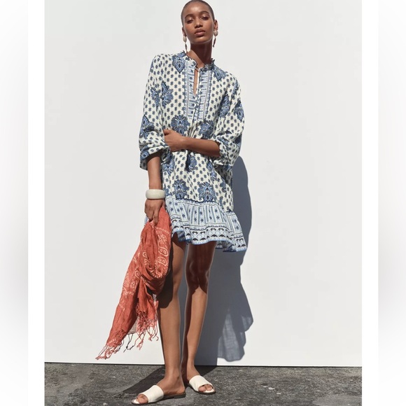 Zara Blue and White Long Sleeve Dress Size Medium - Picture 3 of 12